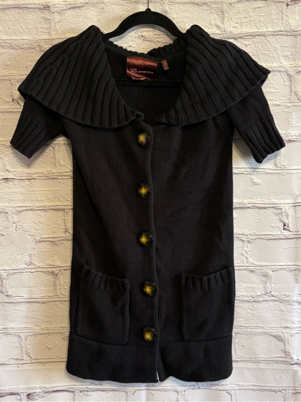 525 America Black Short-Sleeve Knit Cardigan with Ribbed Shawl Collar